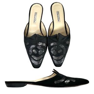 OSCAR De La RENTA black satin floral sequins slides mules shoes flats 39 1/2